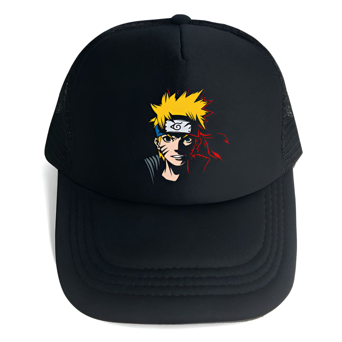Casquette noire en maille avec l'image de Naruto Uzumaki, le personnage principal de l'anime Naruto. La casquette présente un design de Naruto avec son bandeau frontal et son emblématique Sharingan.