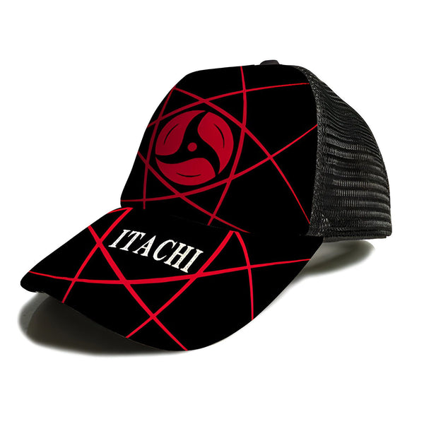 Casquette noire avec un motif rouge en forme de Sharingan d'Itachi Uchiha de l'anime Naruto.