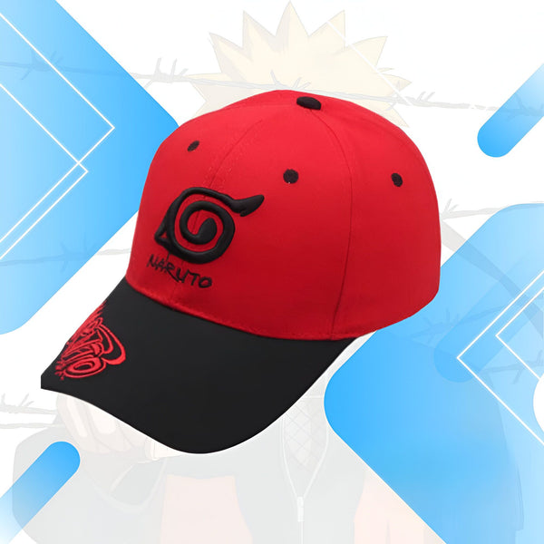 Casquette rouge avec le logo de l'organisation de Konoha et le texte "Naruto" en noir.