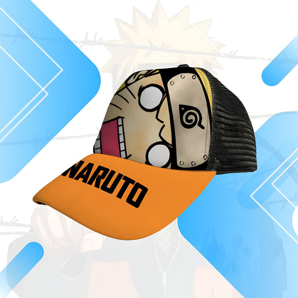 Casquette de baseball orange avec un motif de Naruto Uzumaki au style manga. Le logo "Naruto" est écrit en noir sur la visière de la casquette. La casquette est noire sur le dessus et possède une maille noire.