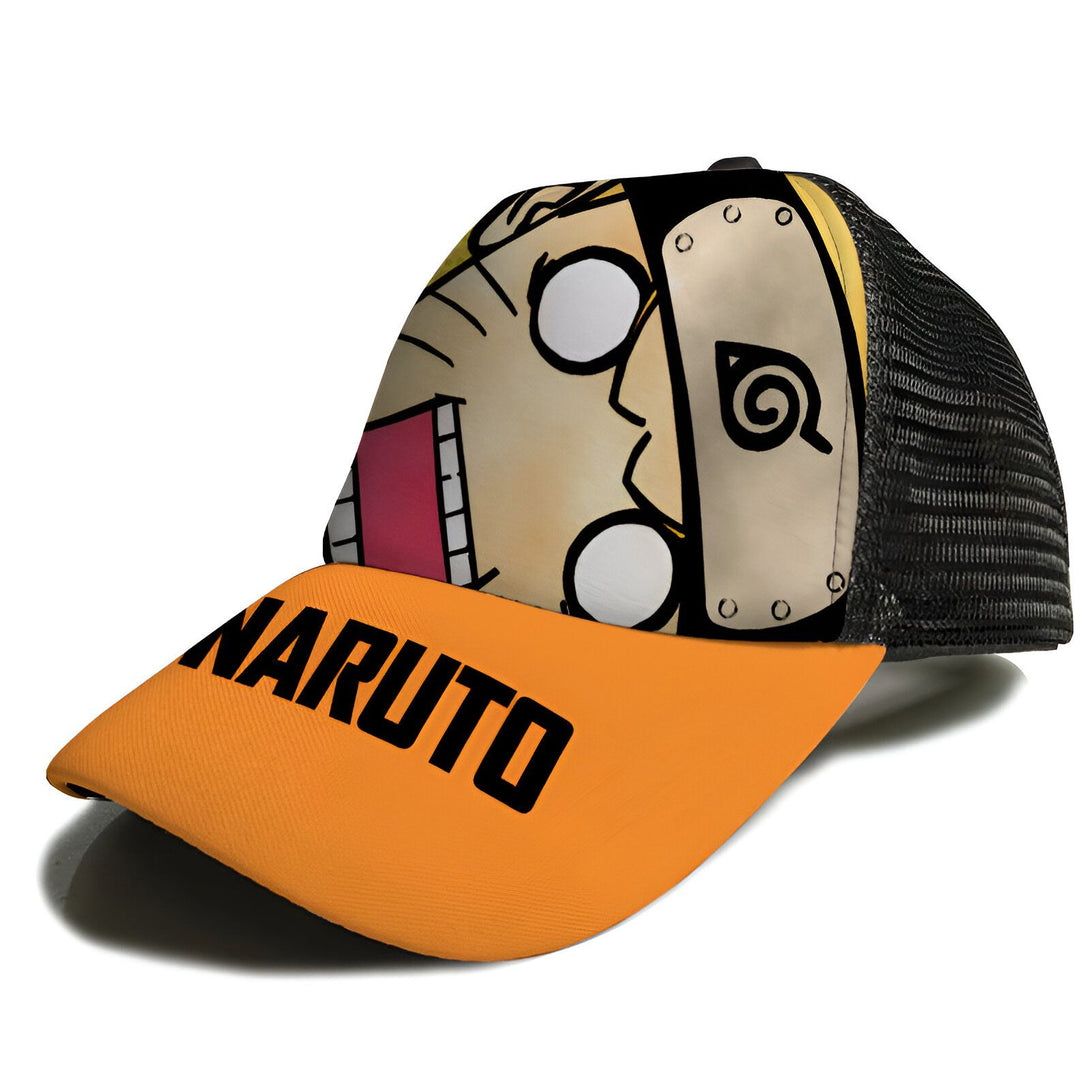 Casquette de baseball orange avec l'image de Naruto Uzumaki, le protagoniste de l'anime Naruto, avec le logo de l'Hokage et l'inscription "Naruto" sur le devant.
