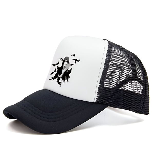 Casquette de camionneur blanche et noire avec un motif de l'anime Naruto.
