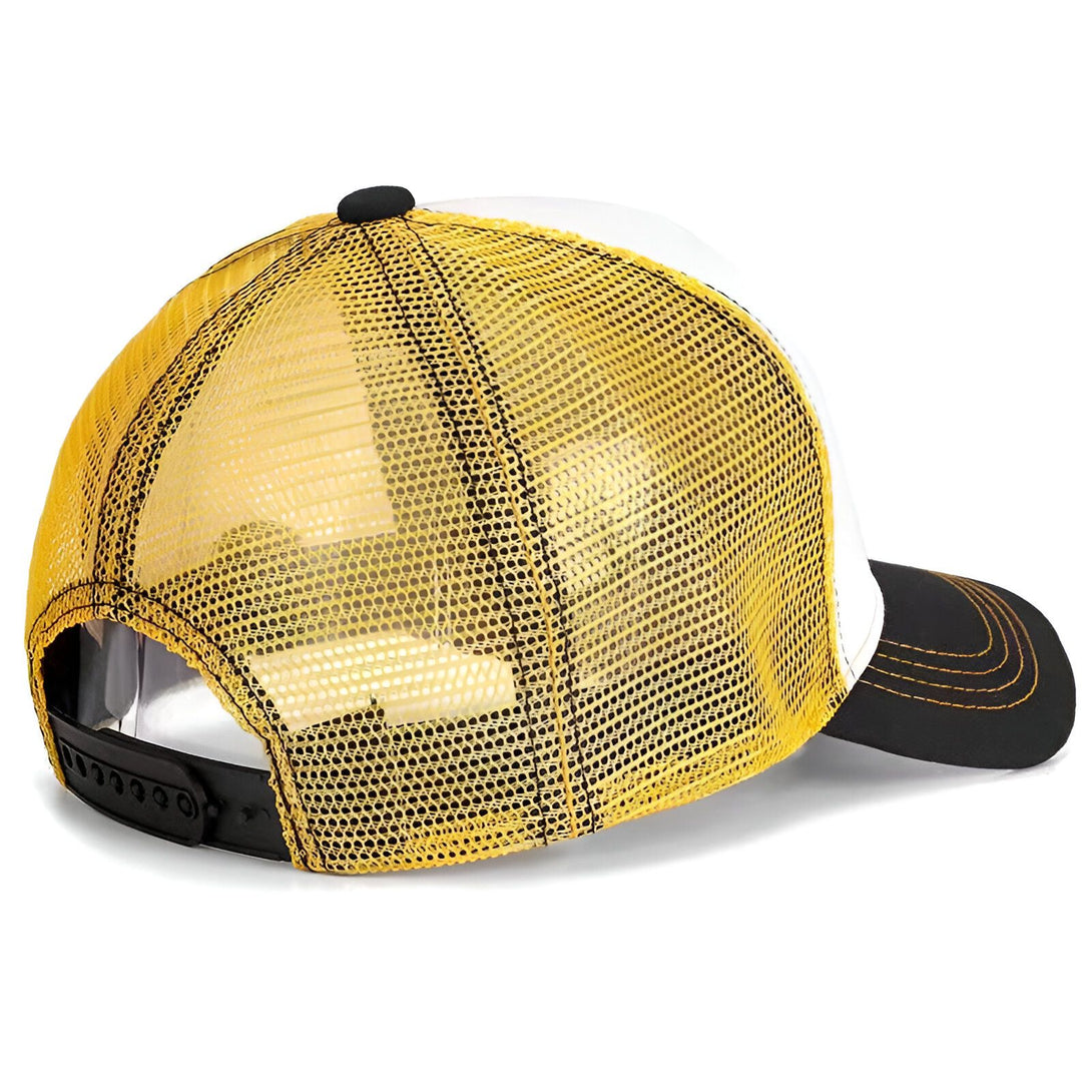 Casquette de baseball jaune et noire en maille, idéale pour les fans de Naruto. La casquette présente une visière noire et une couronne jaune en maille.