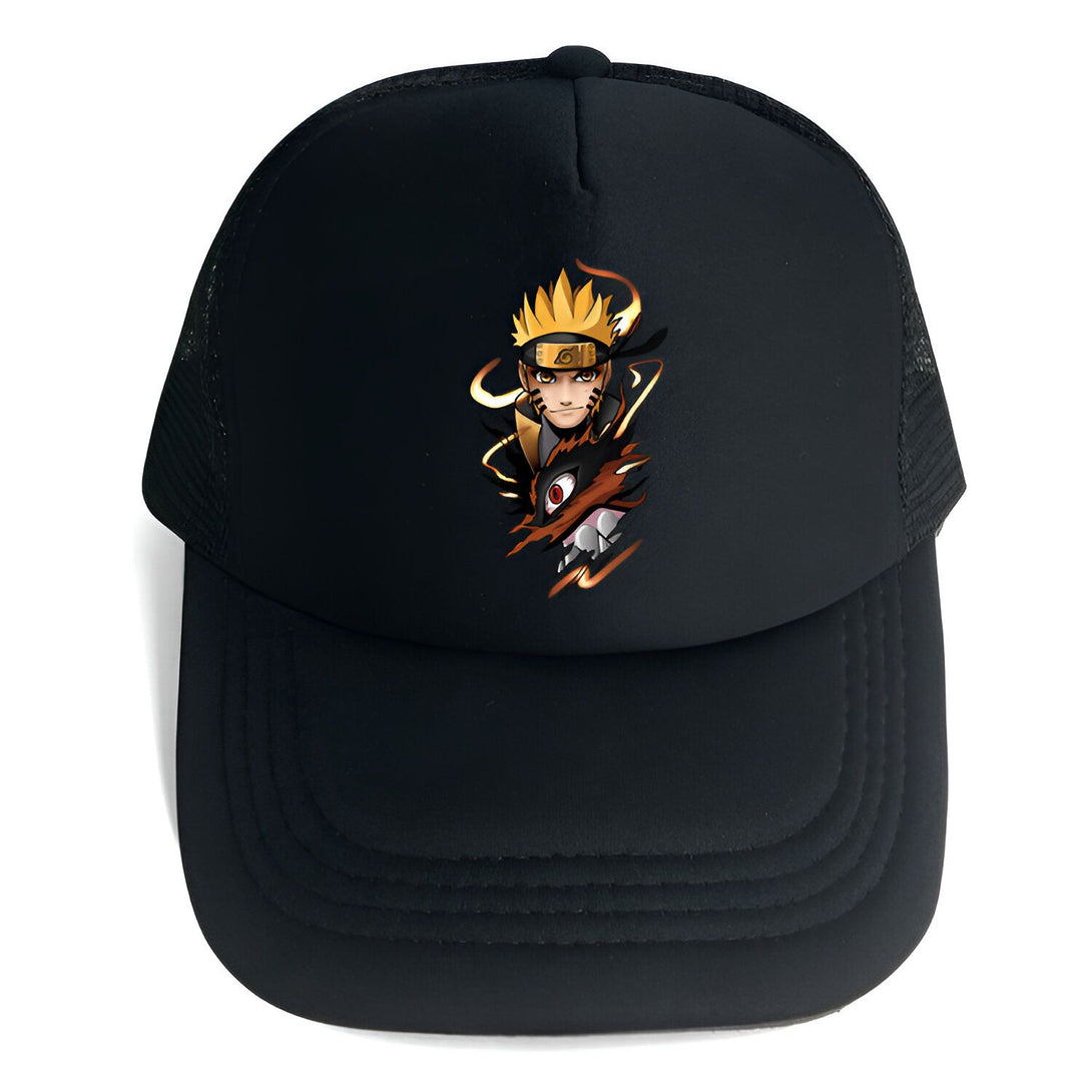 Casquette noire de baseball avec un imprimé de Naruto Uzumaki et Kurama, le renard à neuf queues.