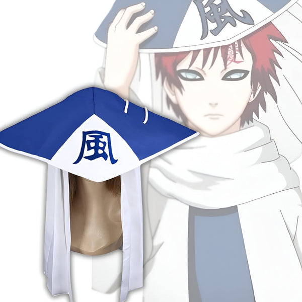 Chapeau bleu et blanc de Naruto, avec le symbole "Vent" en kanji, inspiré du personnage de Gaara.
