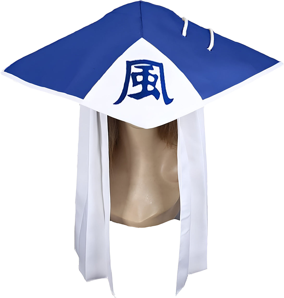 Chapeau bleu et blanc avec un kanji "Vent" en bleu sur le devant, inspiré de l'anime Naruto.