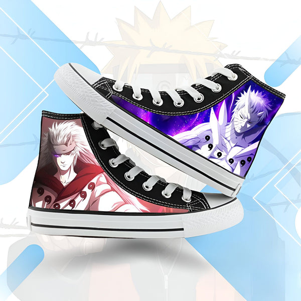 Chaussures en toile de style Converse avec des motifs d'anime Naruto, montrant les personnages de Pain et de Madara avec leurs Rinnegan.  Ces chaussures de style décontracté sont parfaites pour les fans de Naruto.