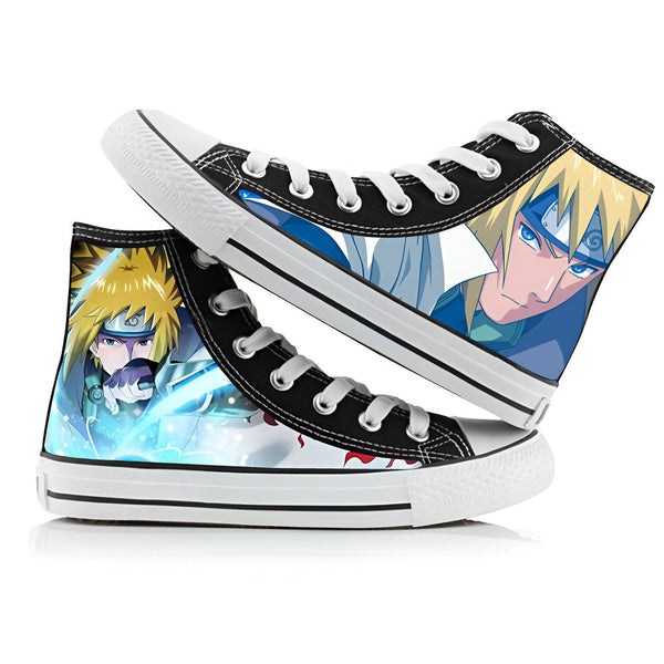 Chaussures basses en toile avec un motif de Naruto. Le motif présente le personnage de Minato Namikaze, le quatrième Hokage, utilisant une technique de Rasengan. Le côté de la chaussure présente une autre image du personnage.