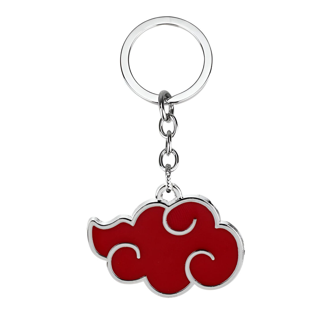 Porte-clés en métal argenté avec un nuage rouge représentant le symbole de l'organisation Akatsuki de l'anime Naruto.