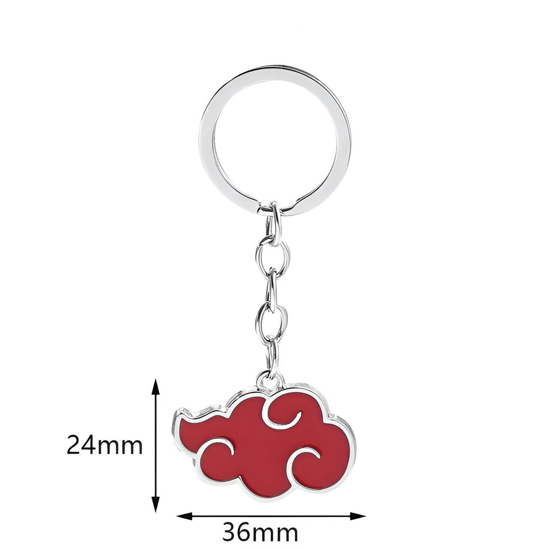 Porte-clés en métal argenté avec un nuage rouge, emblématique de l'univers Naruto, mesurant 36mm de large et 24mm de haut.