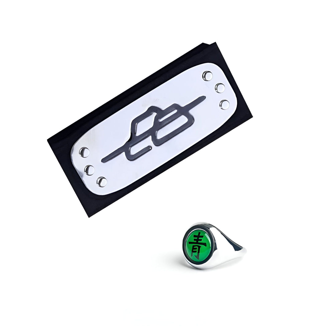 Bandeau et bague de Naruto avec le symbole du clan Uchiwa et le kanji "Shuriken".