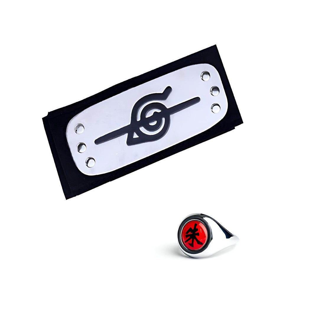 Bandeau et bague de l'organisation Akatsuki de l'anime Naruto, avec le symbole de l'organisation et le kanji "Akatsuki" en rouge.