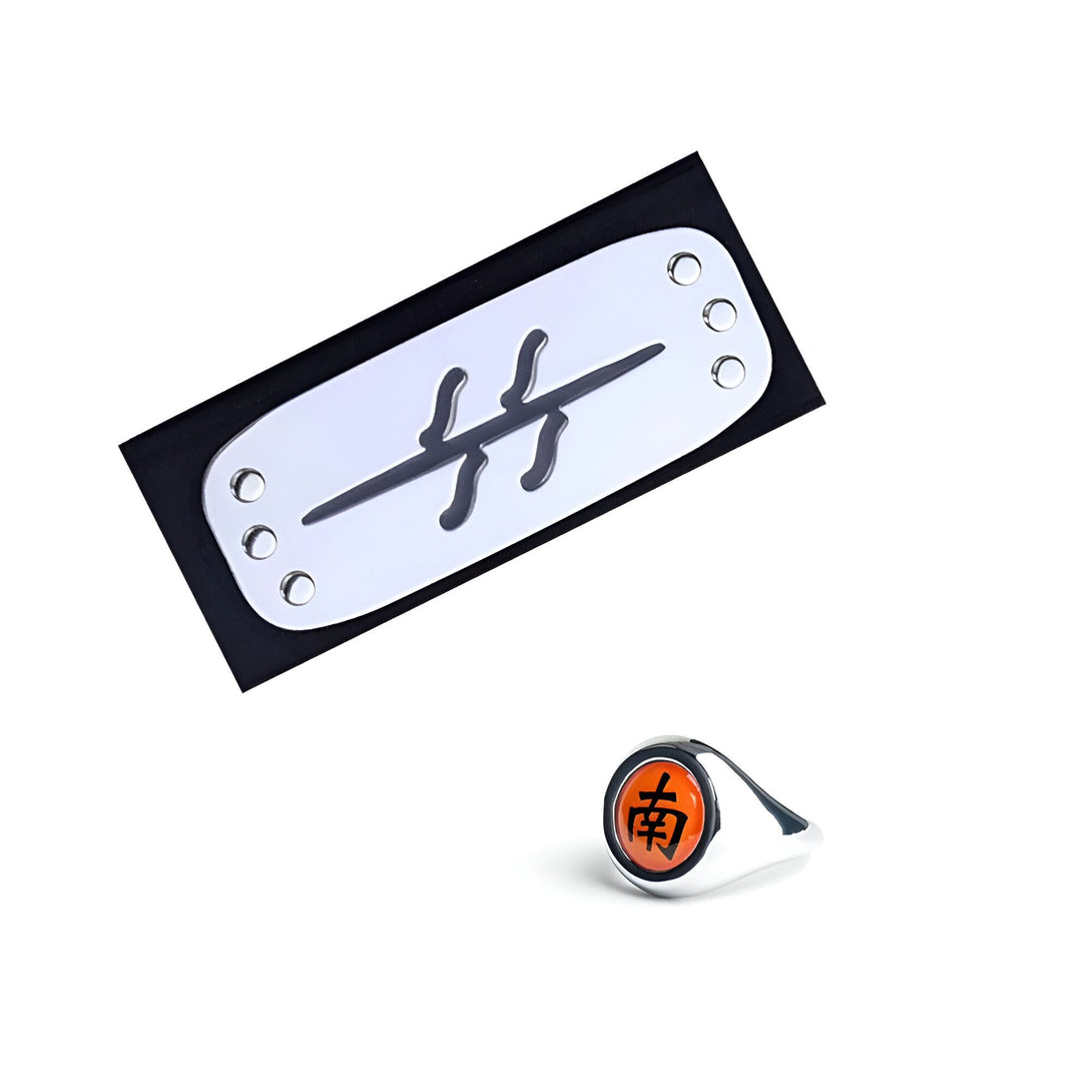 Bandeau et bague de l'univers Naruto, avec le symbole de l'Akatsuki et le sceau de l'élément Terre. Ces accessoires sont parfaits pour les fans de l'anime.