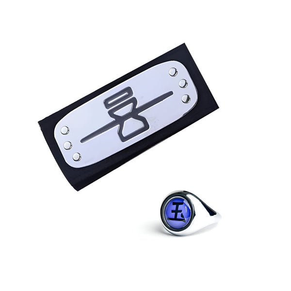 Un bandeau frontal de ninja avec le symbole du village de Konoha et une bague avec le symbole du clan Hyuga.