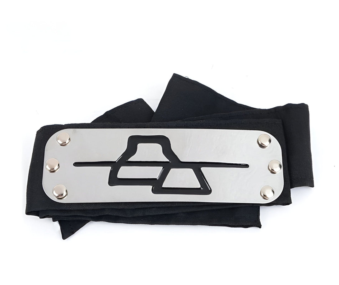 Bandeau frontal noir avec un logo argenté représentant un symbole de Konohagakure, le village caché dans les feuilles, issu de la série manga et anime Naruto.