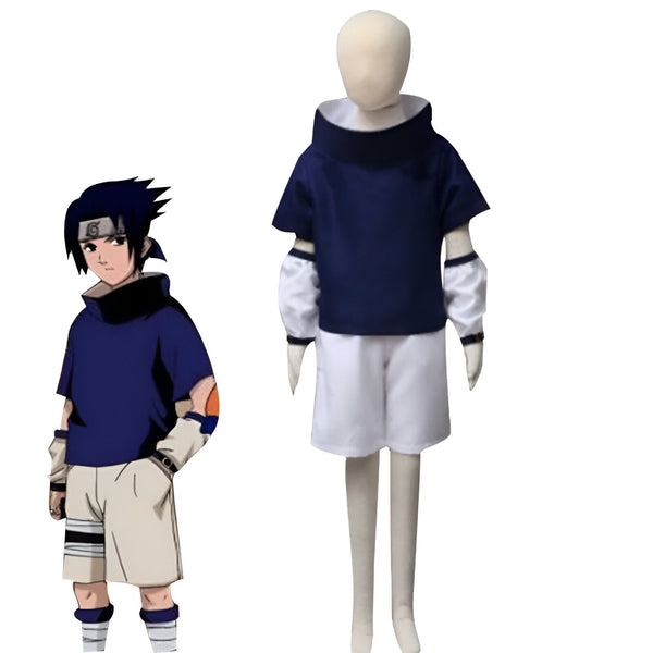Costume Naruto pour enfant, comprenant un haut bleu foncé à col montant, un pantalon blanc et des accessoires de bras.