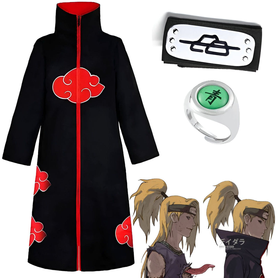 Costume de cosplay Naruto avec une cape noire à fermeture éclair rouge, des nuages rouges sur la poitrine, un bandeau frontal noir, une bague verte avec le kanji "Pain" et un personnage de Pain.