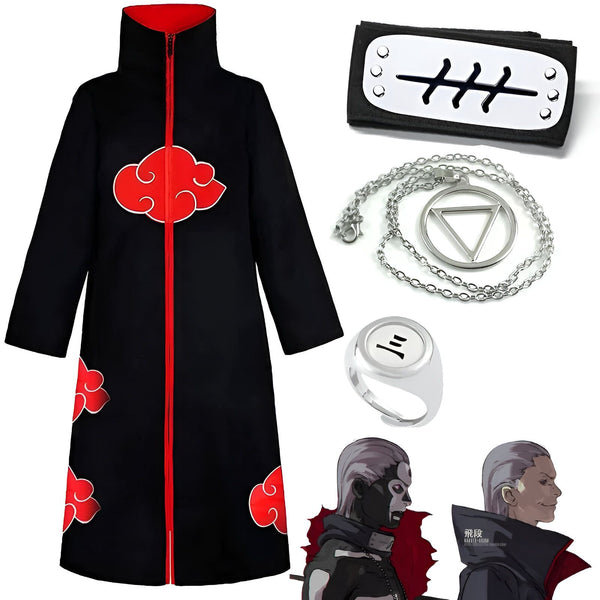 Ensemble de produits dérivés Naruto comprenant une cape noire avec des nuages rouges, un bandeau frontal avec le symbole Akatsuki, un collier avec un symbole de chakra, une bague avec un kanji et deux figurines de Pain.