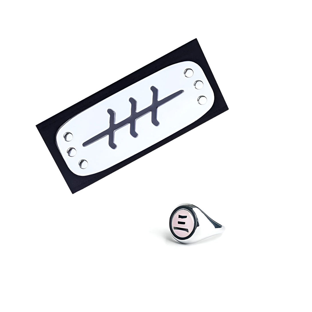 Bandeau et bague en argent représentant le symbole du village caché de la feuille, inspiré de l'univers de Naruto.  Accessoire parfait pour les fans de l'anime.