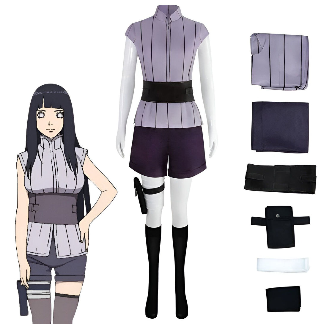 Costume de cosplay Hinata Hyuga de Naruto, comprenant un haut rayé violet, un short violet, une ceinture noire, des bas noirs, une poche de jambe noire et un bandeau blanc.
