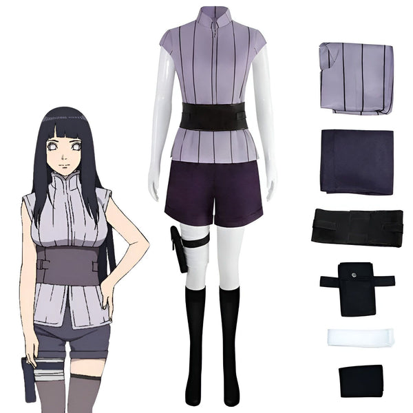 Costume de cosplay Hinata Hyuga de Naruto, comprenant un haut rayé violet, un short violet, une ceinture noire, des bas noirs, une poche de jambe noire et un bandeau blanc.