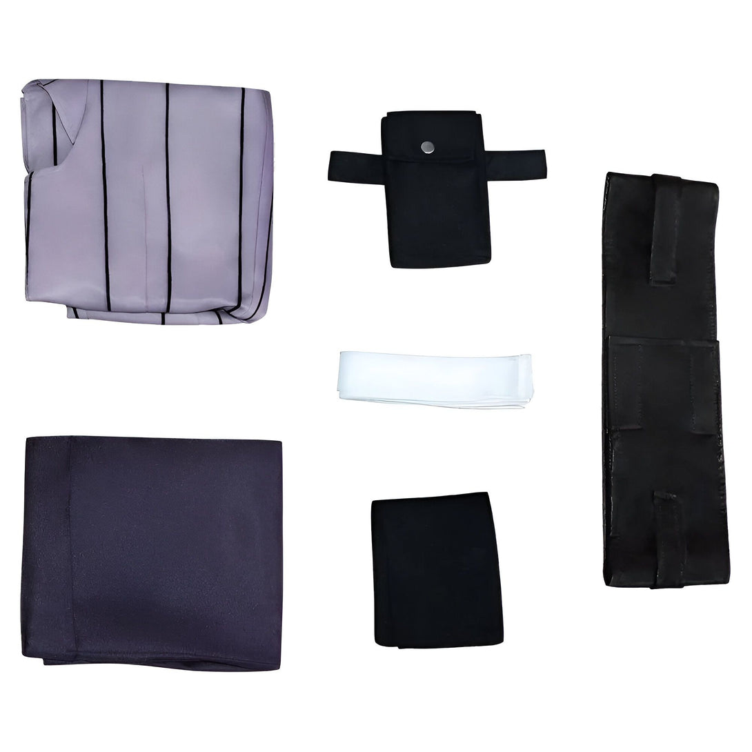 Ensemble de vêtements Naruto avec une chemise à rayures violettes, un pantalon noir, une ceinture noire, une poche noire, un foulard blanc et une poche noire.