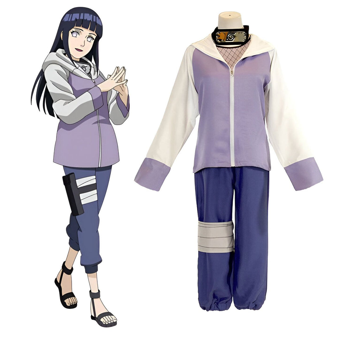 Costume de Hinata Hyuga de Naruto Shippuden. La tenue comprend une veste violette et blanche, un pantalon bleu, une ceinture et une protection pour la tête.