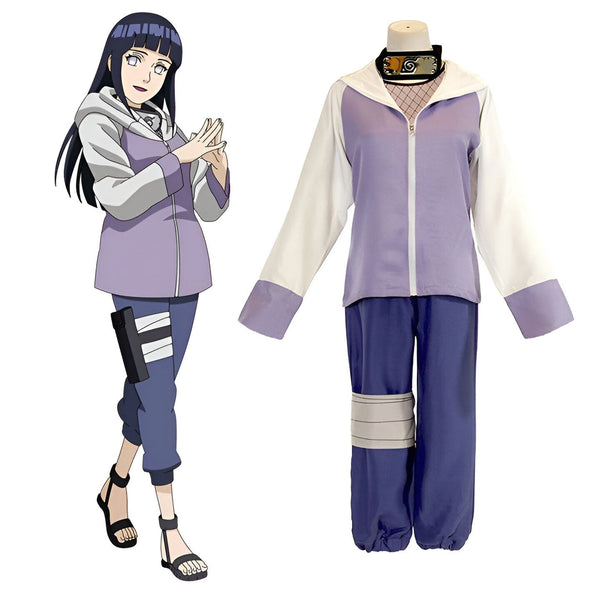 Costume de Hinata Hyuga de Naruto Shippuden. La tenue comprend une veste violette et blanche, un pantalon bleu, une ceinture et une protection pour la tête.