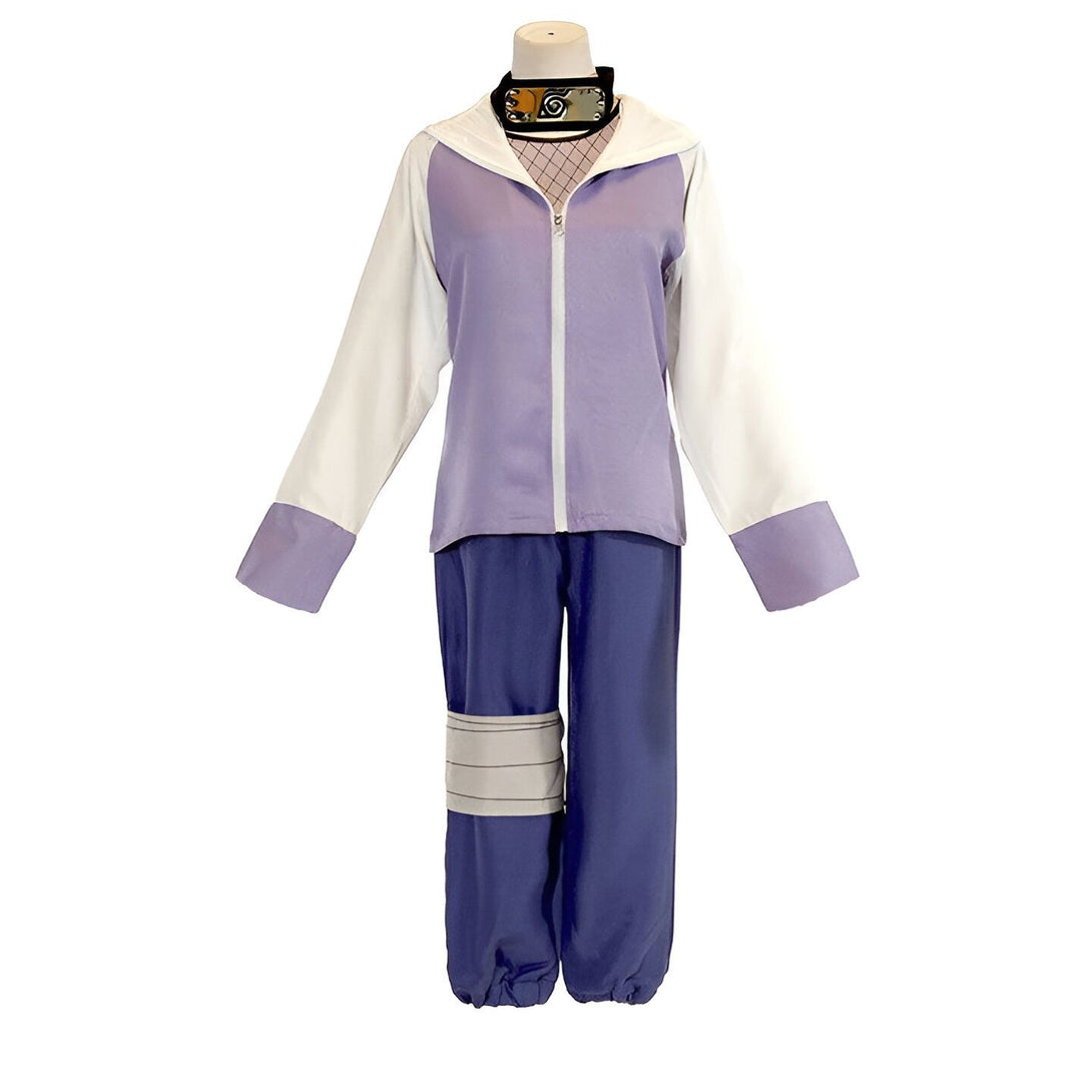 Costume Naruto pour femme, veste et pantalon mauve avec détails blancs, bandeau frontal et symbole du village de Konoha.