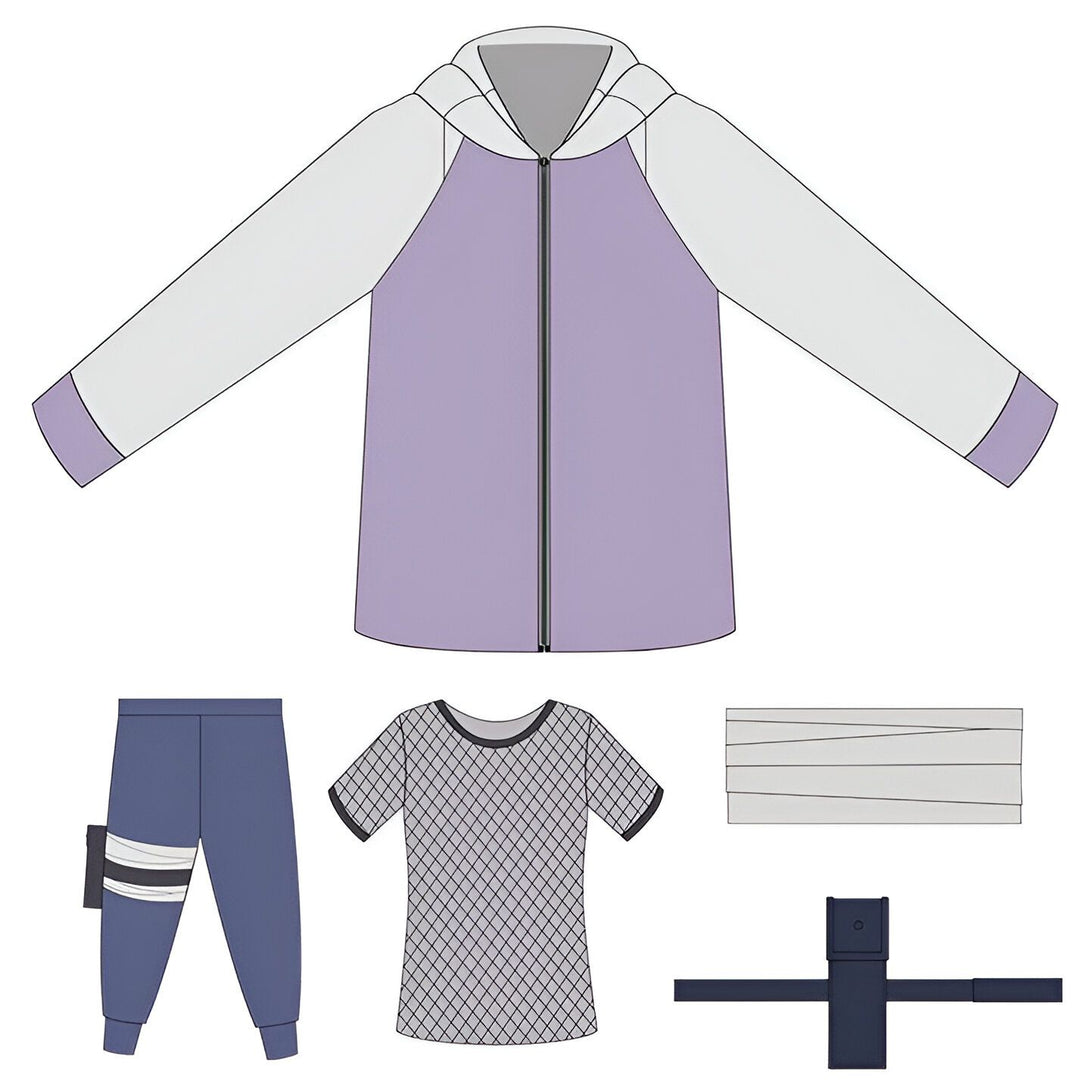 Costume Naruto Shippuden avec veste à capuche, t-shirt à motif, pantalon, ceinture et bandeau. Idéal pour les fans de l'anime.