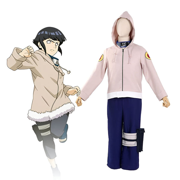 Costume de Hinata Hyuga de Naruto Shippuden, comprenant une veste rose à capuche et un pantalon bleu foncé.  Le costume est inspiré du design de l'anime, avec des détails précis comme le bandeau de Konohagakure et les motifs sur la veste.  Ce costume est parfait pour les fans de Naruto qui souhaitent se déguiser en leur personnage préféré.