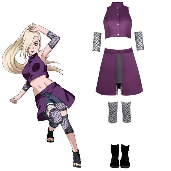 Costume de cosplay de Sakura Haruno de Naruto Shippuden, comprenant un haut, une jupe, des jambières, des brassards et des bottes.  Parfait pour les fans de Naruto.