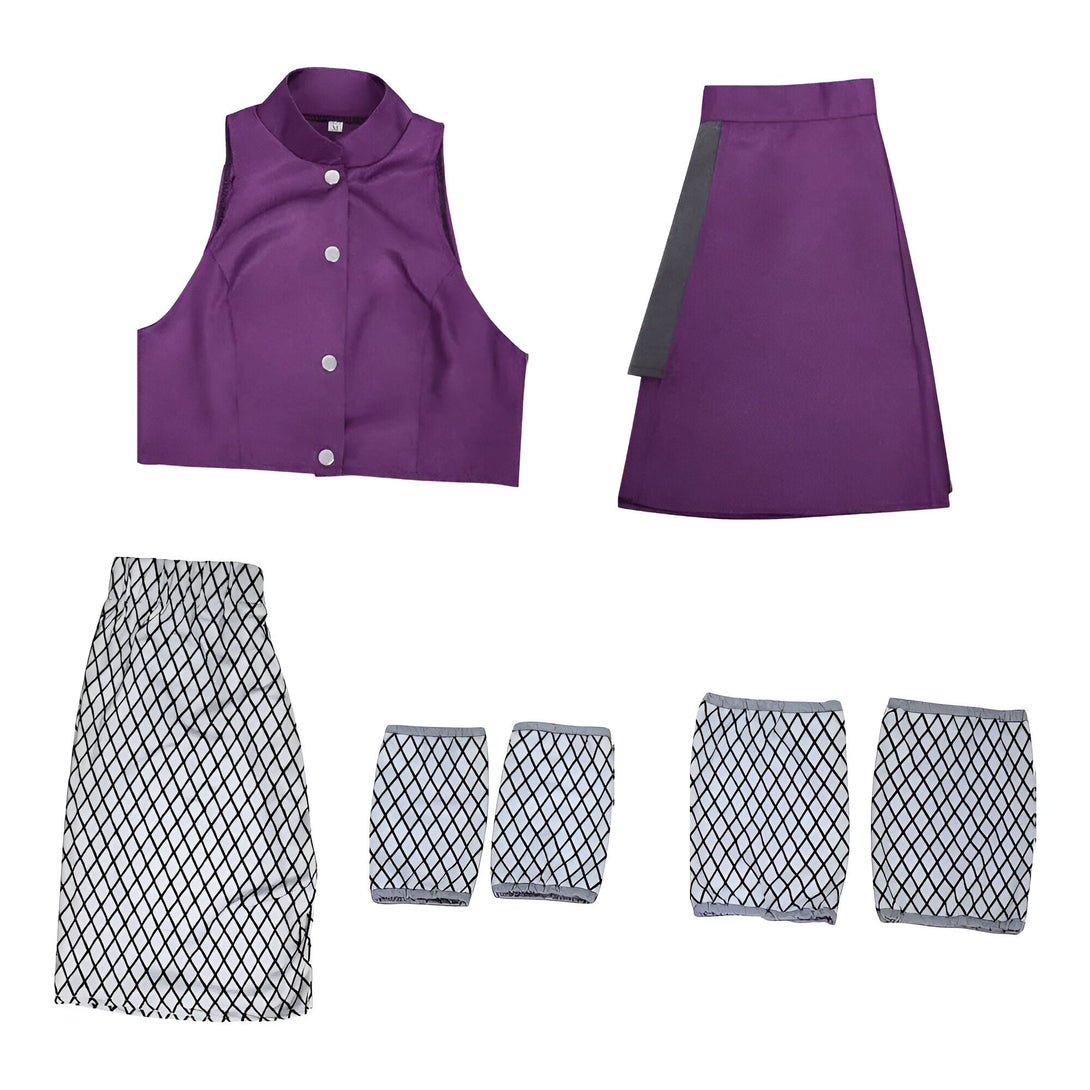 Costume Naruto pour femme comprenant un haut violet sans manches, une jupe courte violette, une jupe longue à motifs noirs et blancs, et deux paires de protège-poignets.
