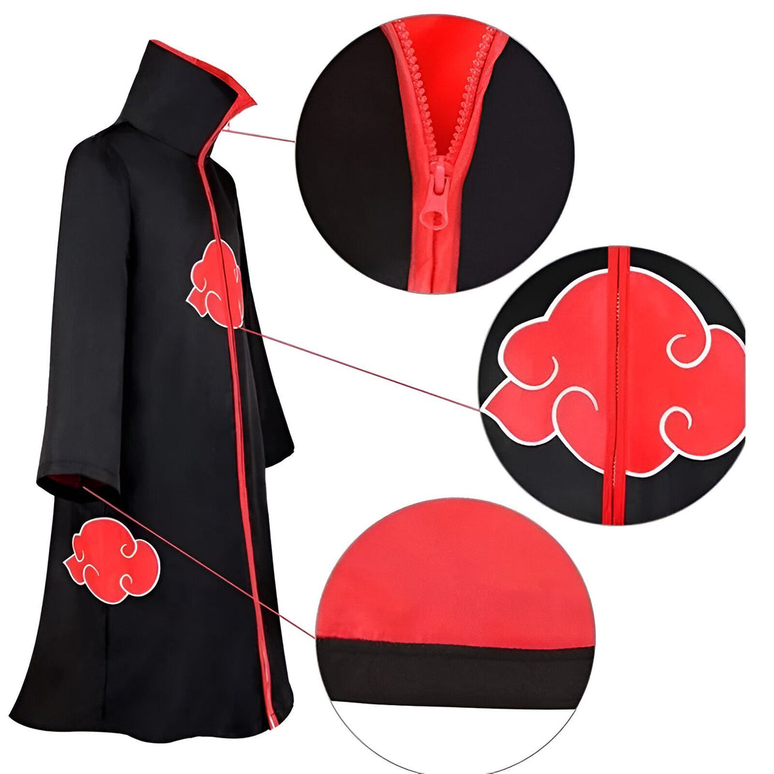 Capuche noire de cosplay de Naruto avec un design rouge Akatsuki et une fermeture éclair rouge. La capuche est doublée de rouge et a un bord noir. La fermeture éclair est de couleur rouge.