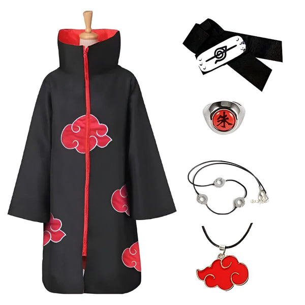 Costume de cosplay de Pain de Naruto avec cape noire à nuages rouges, bandeau, bague et collier.