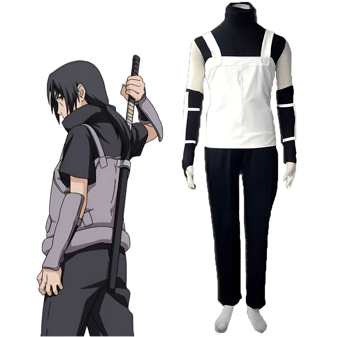 Costume de cosplay de Naruto pour homme, comprenant un haut blanc, un pantalon noir et des accessoires, parfait pour se déguiser en Sasuke.