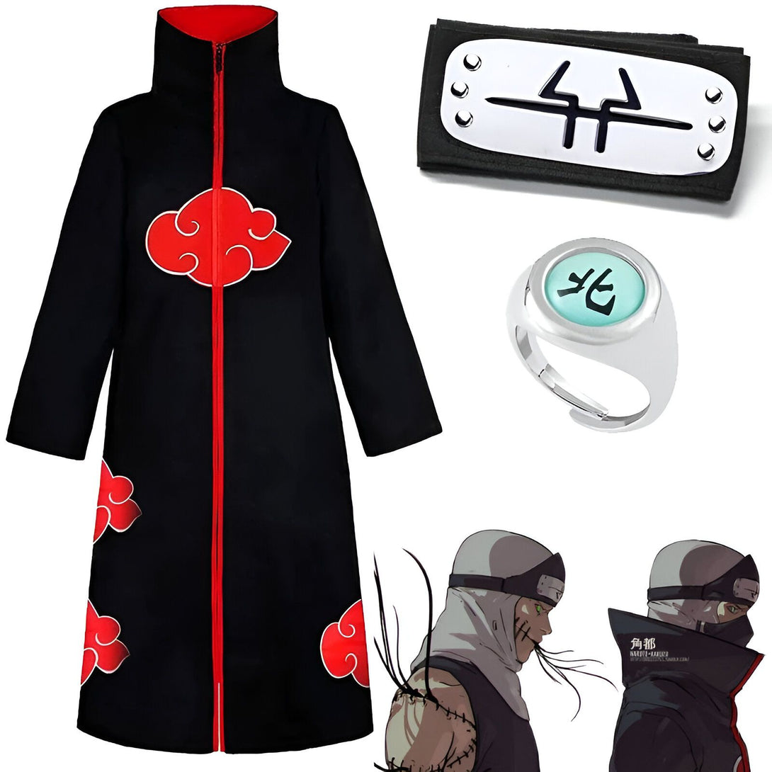 Costume de cosplay de Pain de Naruto avec un bandeau, une bague et un manteau noir avec des nuages ​​rouges.