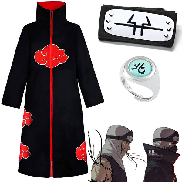 Costume de cosplay de Pain de Naruto avec un bandeau, une bague et un manteau noir avec des nuages ​​rouges.