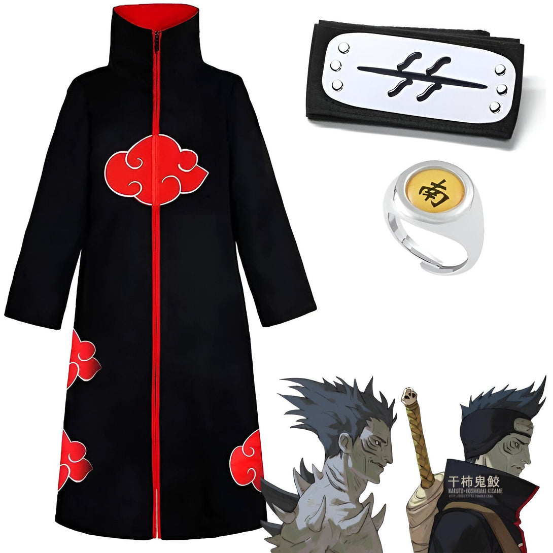 Costume de cosplay Naruto avec une cape noire et rouge, un bandeau frontal avec le symbole Akatsuki et une bague avec le kanji "Pain". Le costume est idéal pour les fans de l'anime et du manga Naruto.