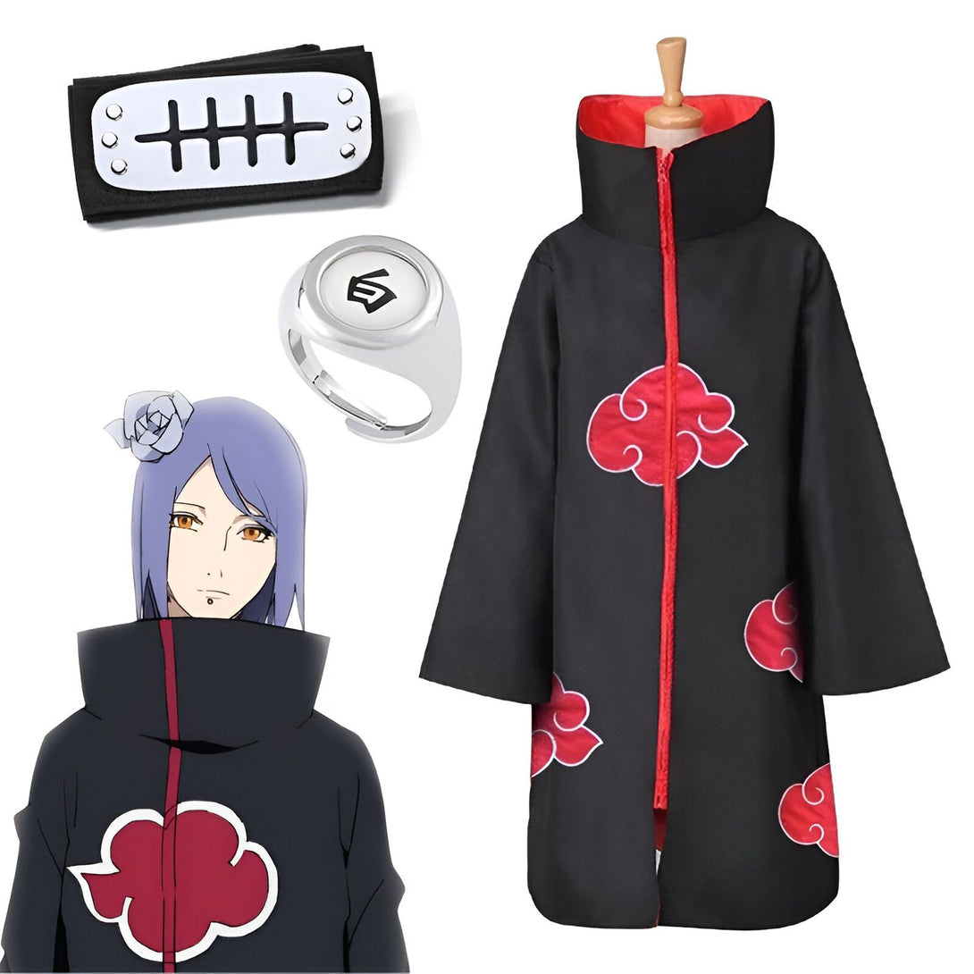 Costume de cosplay de Konan de Naruto comprenant une cape noire avec des nuages ​​rouges, un bandeau noir avec le symbole Akatsuki, une bague avec le symbole Akatsuki et un personnage de Konan.