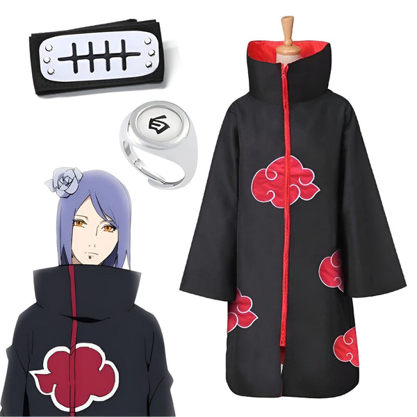 Costume de cosplay de Konan de Naruto comprenant une cape noire avec des nuages ​​rouges, un bandeau noir avec le symbole Akatsuki, une bague avec le symbole Akatsuki et un personnage de Konan.