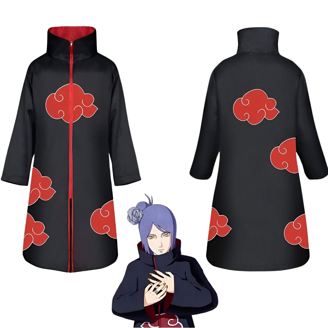 Capuche noire avec des nuages rouges, inspirée de l'univers de Naruto, idéale pour les fans de l'anime.
