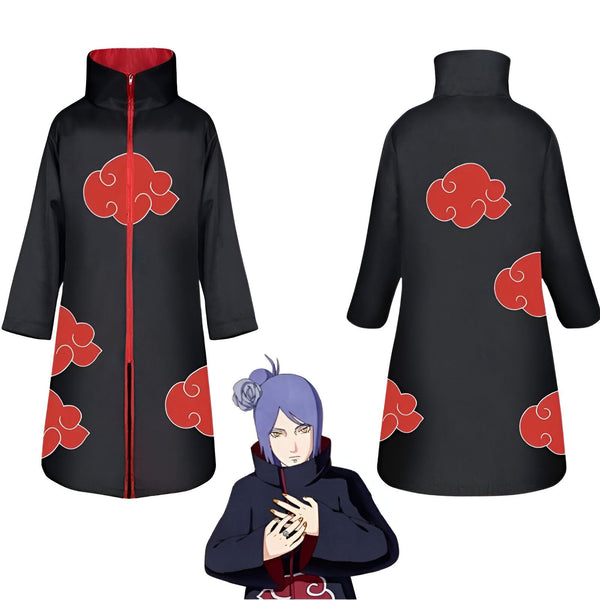 Capuche noire avec des nuages rouges, inspirée de l'univers de Naruto, idéale pour les fans de l'anime.