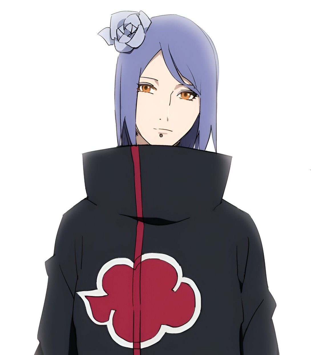 Konan, personnage de l'anime Naruto, avec ses cheveux violets et une fleur dans les cheveux, portant un manteau noir avec le symbole de l'Akatsuki.