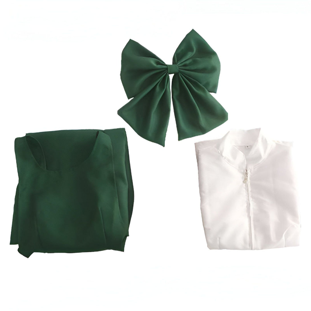 Costume Naruto vert foncé et blanc avec un grand nœud vert foncé.