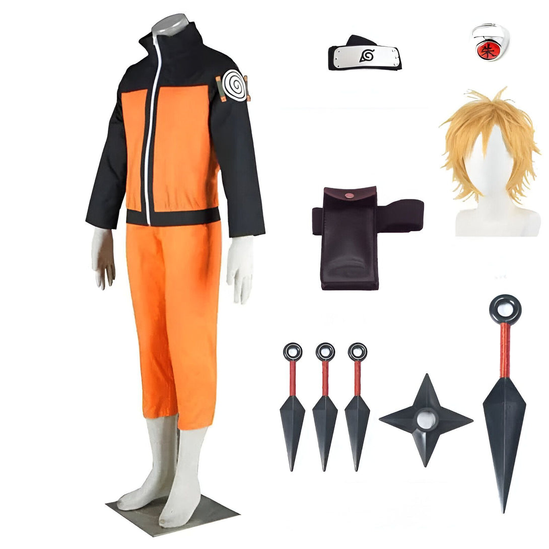 Costume Naruto comprenant un pantalon et une veste orange, un bandeau frontal, une perruque blonde, un étui pour armes, des kunaï et un anneau avec un symbole rouge.