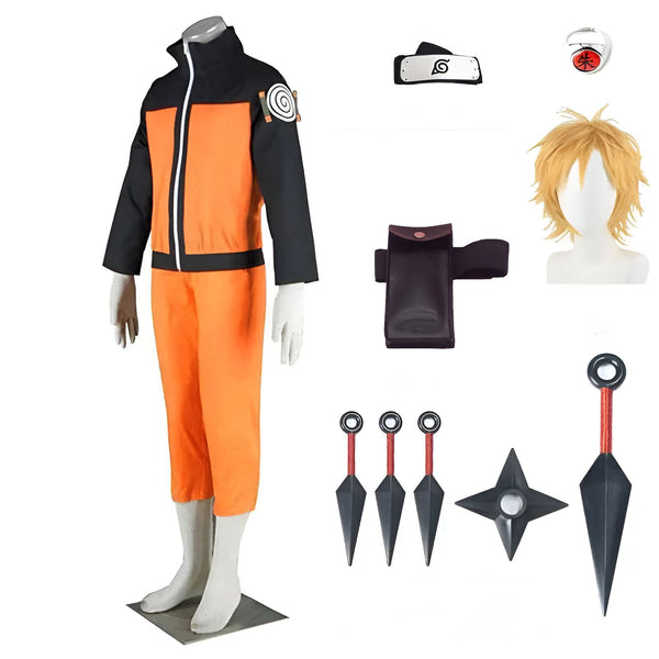 Costume Naruto comprenant un pantalon et une veste orange, un bandeau frontal, une perruque blonde, un étui pour armes, des kunaï et un anneau avec un symbole rouge.