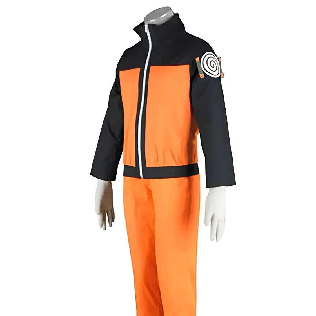 Costume Naruto pour enfant avec veste orange et noire et pantalon orange avec l'emblème du village de Konoha.