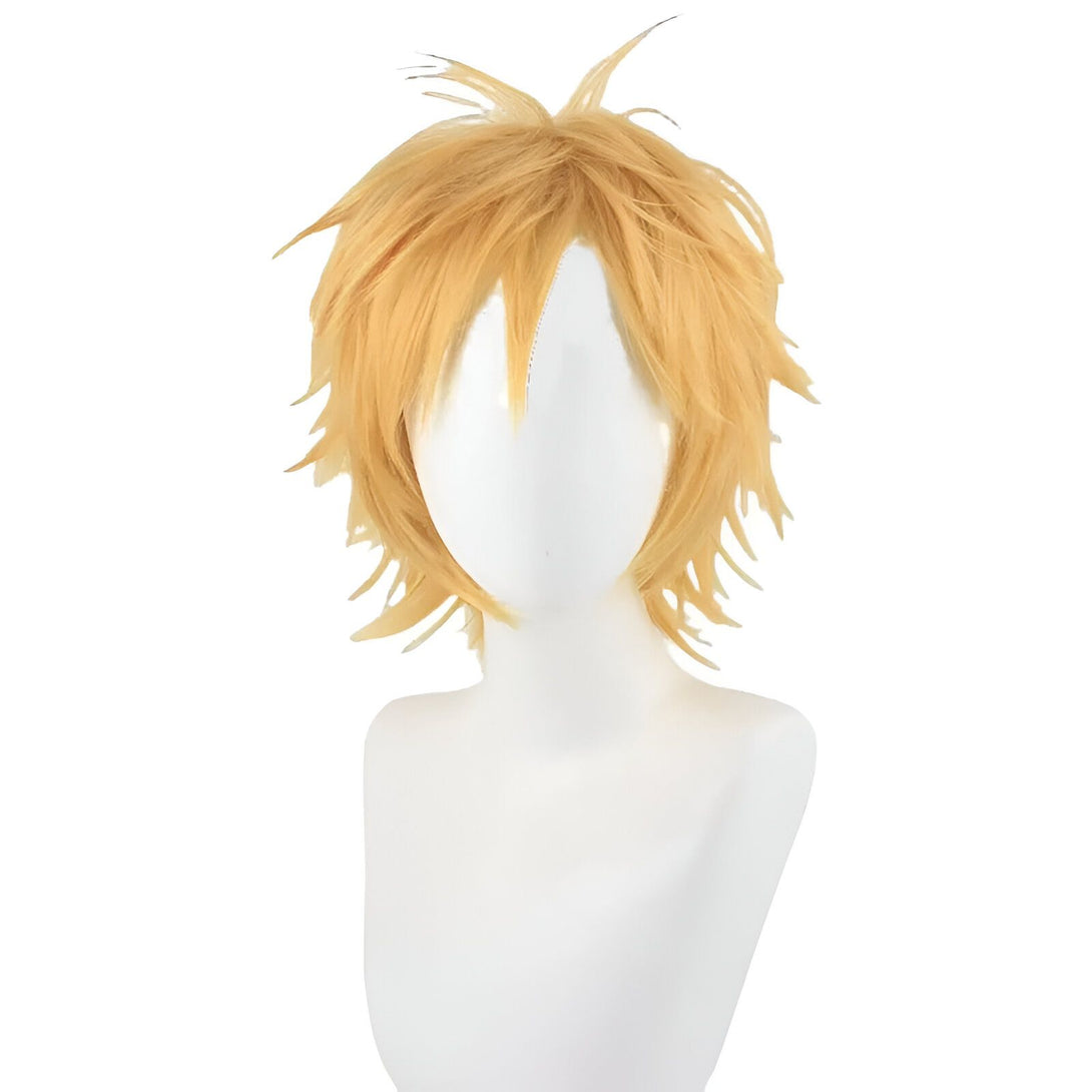 Perruque blonde courte et hérissée, idéale pour les cosplays de personnages comme Naruto Uzumaki.