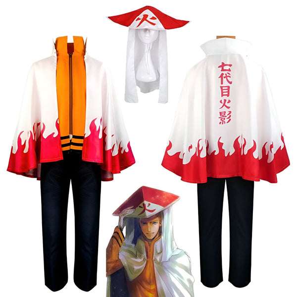 Costume Naruto Hokage avec veste orange, pantalon noir, cape blanche et rouge avec des flammes, chapeau et perruque.  L'image montre également un portrait de Naruto portant le costume.